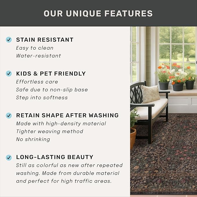Washable Dark Taupe Brown 4x6 Area Rugs for Living Room, Bedroom Bedside Rug, Kitchen, Mudroom, Non-Slip Low Pile Ultra Soft Stain Resistant, Small Vintage Green Botanical Floral Carpet