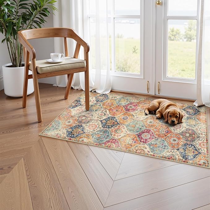 Lahome Kitchen Rugs Non Slip Washable Rugs for Entryway, 2x4 Rug Non-Slip Moroccan Trellis Ultra-Thin Indoor Door Mat Small Carpet for Bathroom Bedroom Entry, Cream/Multi