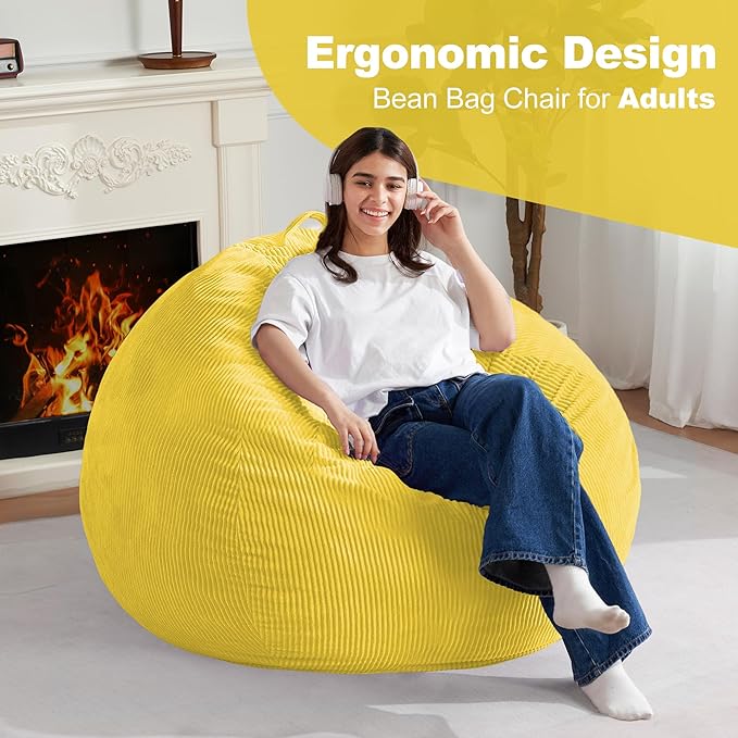 Homguava 4FT Bean Bag Chair for Adults,Teardrop Bean Bags Big Beanbag Chair with Memory Foam Filled and Ultra Soft Removable Corduroy Cover for Living Room, Bedroom (Yellow)
