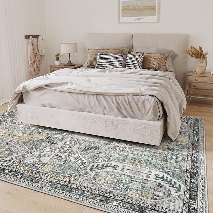 9x12 Area Rug,Ultra-Thin Washable Rugs for Living Room,Non-Slip Lightweight Foldable Area Rug,Stain Resistant Vintage Large Rugs (Green/Gold, 9'x12')