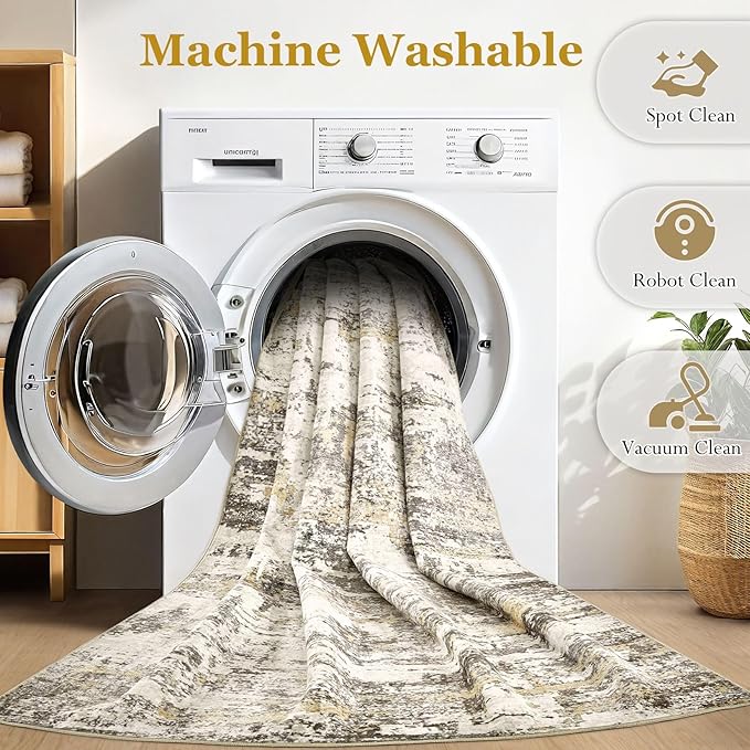 6ft Round Area Rugs for Living Room: 6x6 Abstract Washable Rug Modern Large Soft Stain Resistant Non-Slip Backing Machine Table for Bedroom Dining Room Indoor Home Office Carpet - Gold Brown