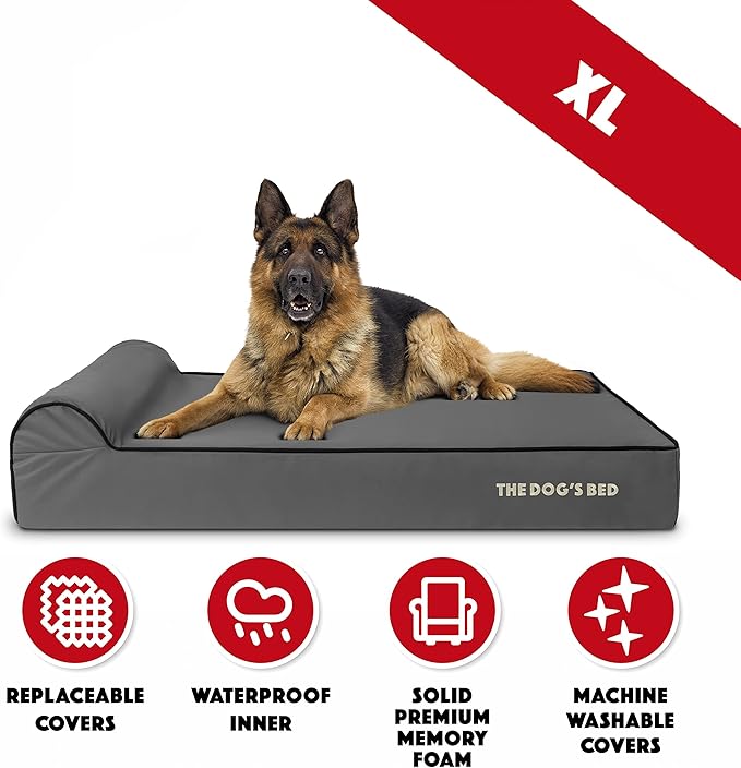 The Dog’s Bed Orthopedic Memory Foam Dog Bed with Headrest, Oxford Fabric, Grey with Black Trim, XL, 6-Inch