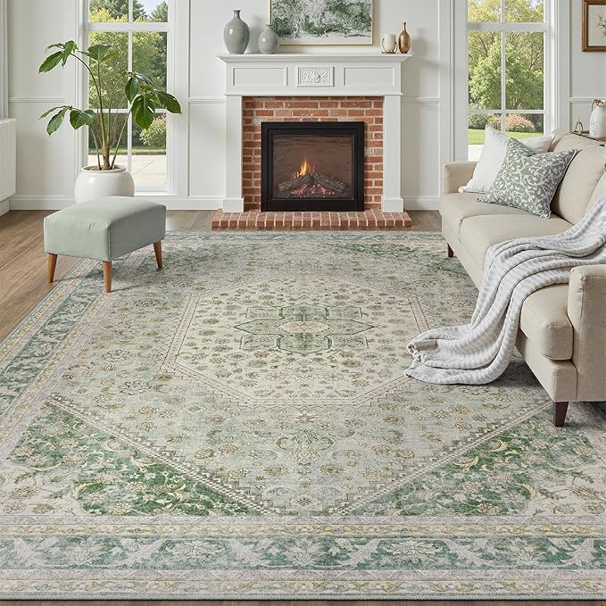 DCX Green 9x12 Area Rug, Machine Washable Non Slip Stain Resistant Vintage Rug for Living Room, Bedroom, Playroom, Soft Low Pile Large Nursery Carpet