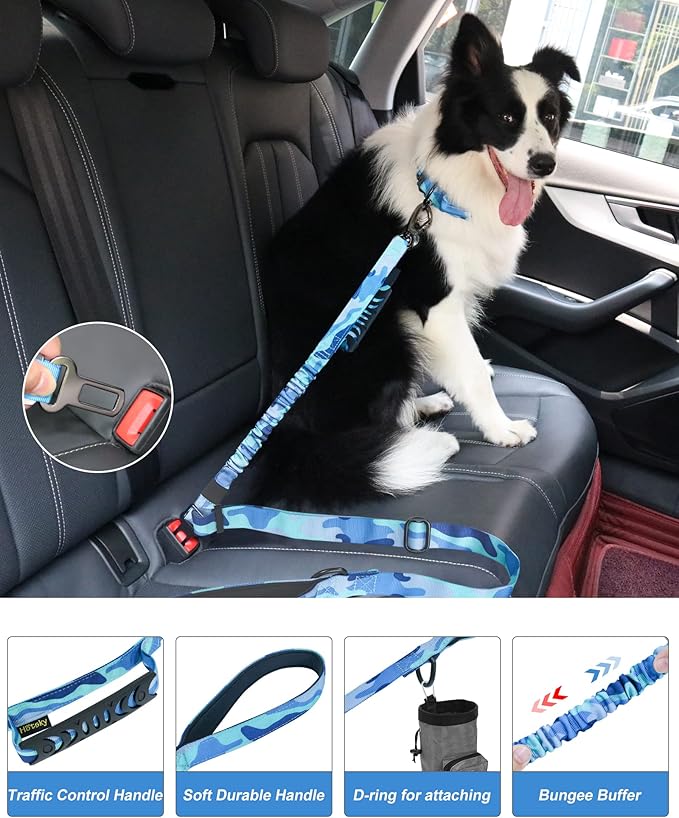 Hotsky Tactical Dog Leash Heavy Duty for Medium Large Dogs That Pull,4-6Ft Strong Bungee Shock Absorbing No Pull Dog Leash with Padded Double Handle and Car Seatbelt,Purple Camo