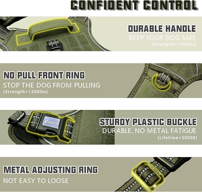 AUROTH Tactical Dog Harness for Large Dogs No Pull Adjustable Pet Harness Reflective K9 Working Training Easy Control Pet Vest Military Service Dog Harnesses