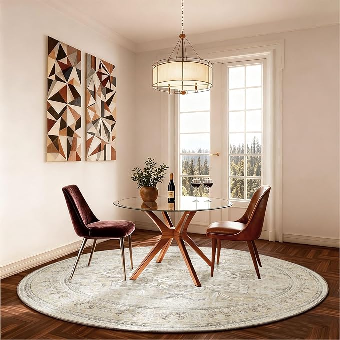 4x4 Round Bedroom Rug Washable: Round Boho Rug Stain Resistant Non Slip Low Pile Small Carpet for Bedroom Kitchen Entryway Living Room Bedside Office Dorm Kids Room Entrance