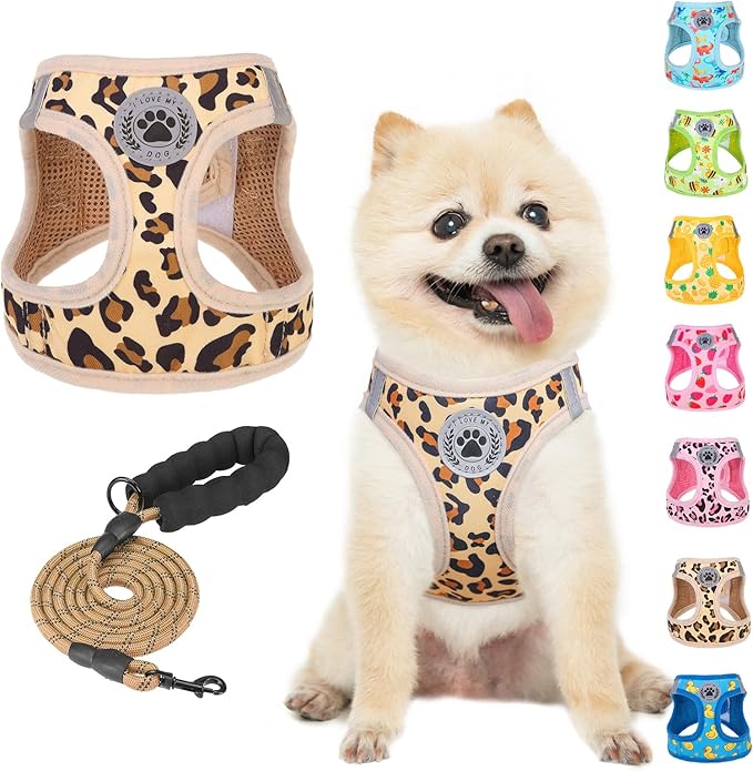 BEAUTYZOO Step in Dog Harness and Leash Set,Reflective Dog Harness No Pull No Choke Puppy Harness for Small Medium Large Dogs Cats,Soft Padded Mesh Vest Harnesses for Girl Boy Pets,Leopard Khaki XS