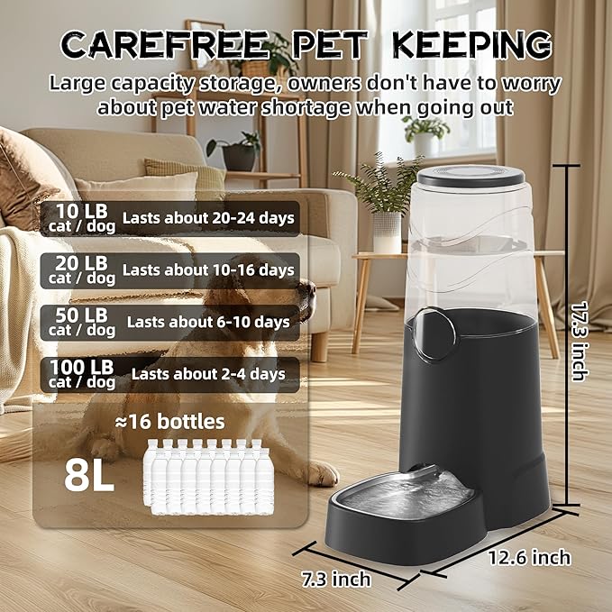 Automatic 8L Dog Water Dispenser with Stainless Steel Bowl Gravity Waterer,Gravity Water Dispenser,Automatic Gravity Dog Water Bowl Dispenser,Large Capacity for Small Medium Large Dogs Cats