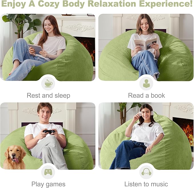Homguava 5FT Bean Bag Chair for Adults,Teardrop Giant Bean Bags Big Beanbag Chair with Memory Foam Filled and Ultra Soft Removable Corduroy Cover for Living Room, Bedroom(Green)