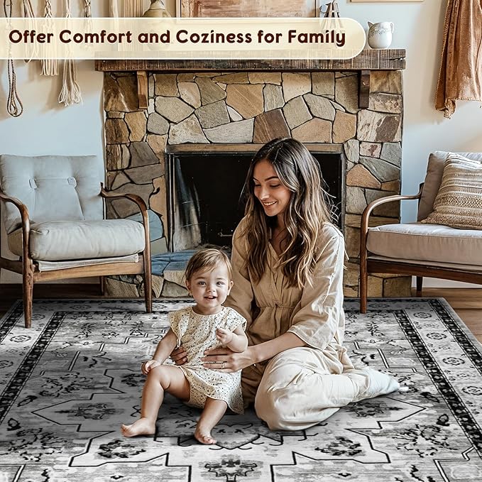 LBRO2M Boho Area Rug 5X7 Washable Rugs for Bedroom Low Piles Indoor Carpet, Non Slip Soft Rug for Living Room, Dining Room, Gray Rug Foldable Pet Friendly Area Rugs Stain Resistant (5'X7' Light Gray)