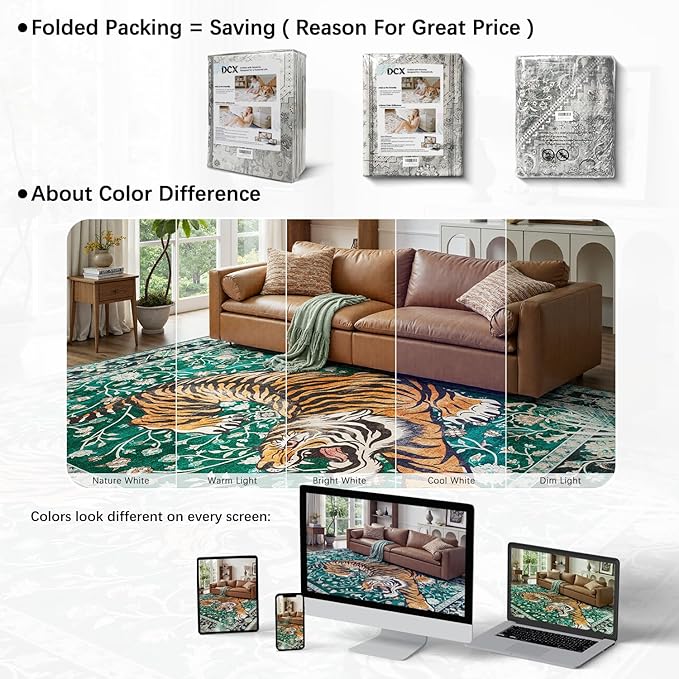 DCX Washable 5x7 Tiger Area Rug, Green Vintage Animal Rug for Living Room, Soft Low Pile Carpet, Kid & Pet Friendly with Rubber Back Non Slip, Tiger Rug for Bedroom Dining Room Office