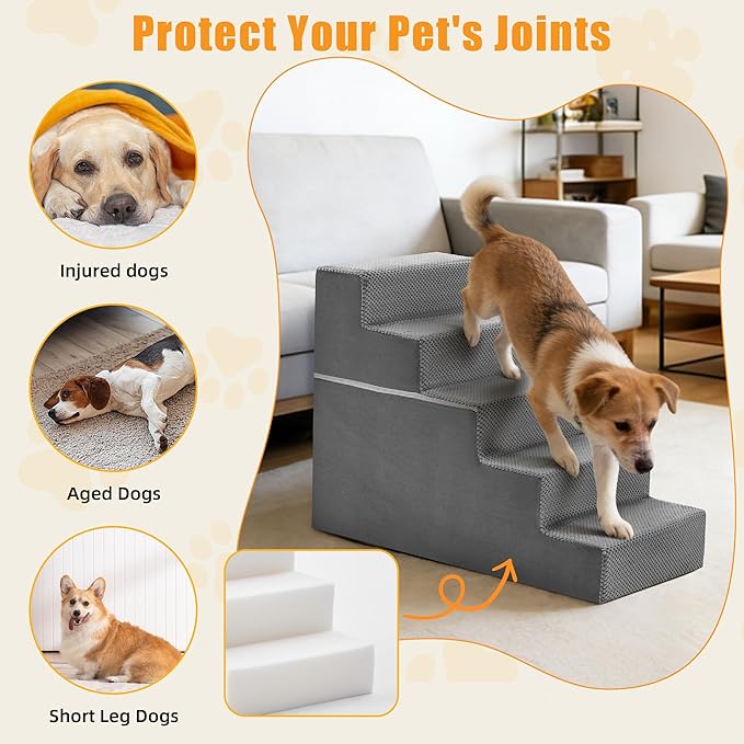 5-Step Dog Stairs for Large Dogs and Cats, 23in H Dog Steps for Couch, Sofa, Chair, Non-Slip Sturdy Pet Steps, Pet Ramp for High Bed Indoor