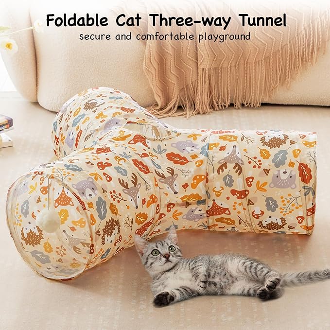 Tempcore Pet Cat Tunnel Tube Cat Toys 3 Way Collapsible, Cat Tunnels for Indoor Cats，Kitty Tunnel Bored Pet Toys Peek Hole Toy Ball Puppy, Kitty, Kitten, Rabbit Beige Deer