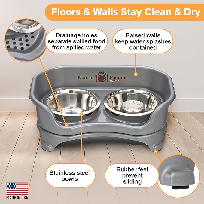 Neater Feeder Express Mess Proof Dog Bowls Elevated for Small Breed – Made in USA – No Spill Raised Slow Feeder Elevated Dog Bowl Stand, Stainless Steel Food and Water Bowl Set, Grey