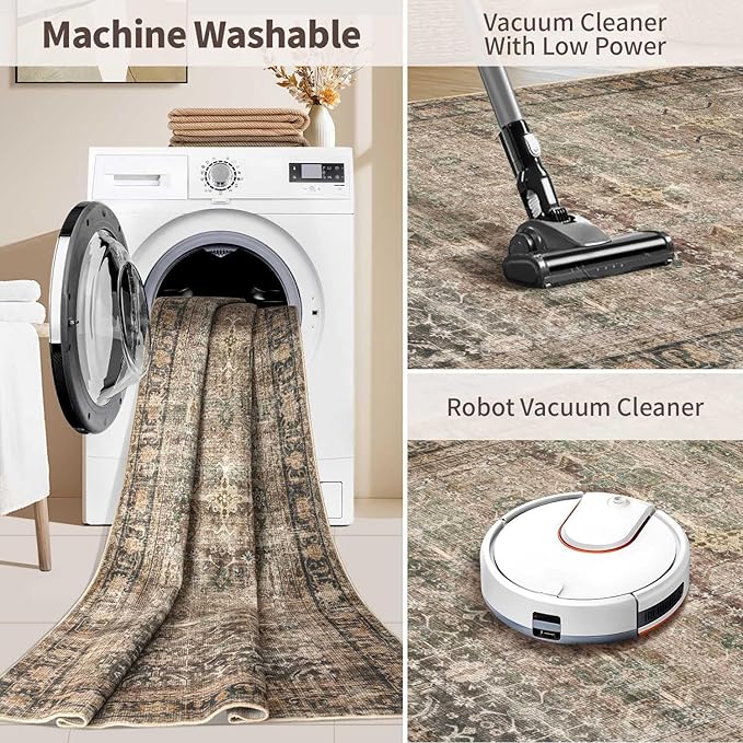 6x9 Area Rugs for Living Room Bedroom, Large Washable Rug, Brown Vintage Retro Boho Rug, Non Slip & Low Pile Faux Wool Thin Carpet for Indoor Dining Room and Kids Room(Charcoal/Olive 6x9ft)