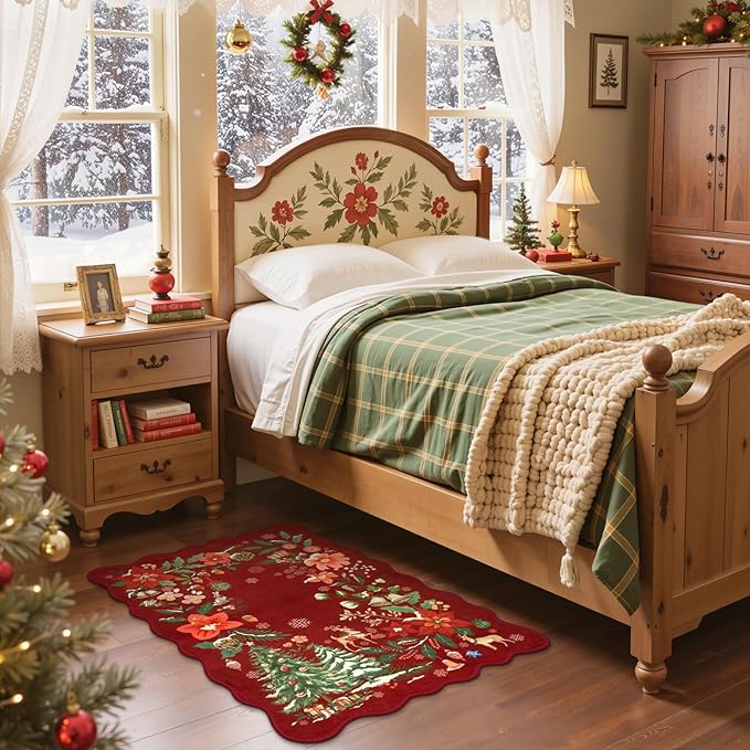Lahome Floral Christmas Rug, 2x3 Kitchen Christmas Rugs for Entryway Ultra-Thin Washable Christmas Rugs Indoor, Red Door Mat Indoor Entrance Holiday Carpet for Entry Bedroom, Red