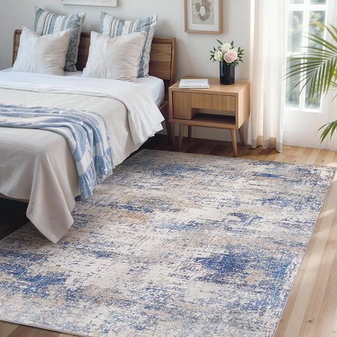 Area Rug Living Room Washable Rugs: 5x7 Modern Neutral Abstract Low Pile Non Slip Floor Carpet - Large Soft Thin Stain Resistant Rug for Bedroom Dining Indoor Office Home, Blue Brown
