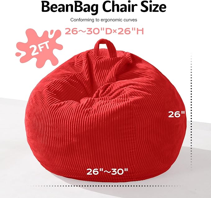 Homguava 2FT Bean Bag Chair,Teardrop Bean Bags Small Beanbag Chair with Memory Foam Filled and Ultra Soft Corduroy Cover for Living Room, Bedroom(Red)