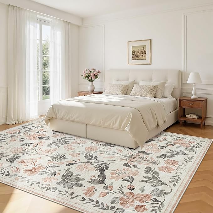 5x7 Area Rugs Washable Rug: Lagre Boho Living Room Rug Soft Non-Slip Thin Carpet Indoor Floor Non-Shedding Neutral Floral Carpets for Bedroom Dining Room Farmhouse Nursery Pink