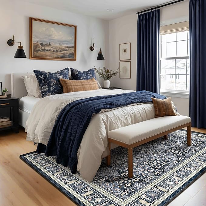 Dark Blue 5x7 Area Rugs for Living Room Bedroom, Transitional Boho Moroccan Floral Trellis Printed, Washable Non Slip Low Pile Ultra Thin Soft Carpet Rugs for Dining Room/Kitchen/Home Office