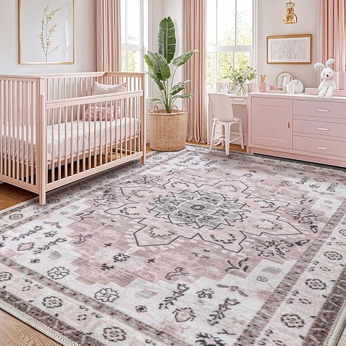 LBRO2M Boho Area Rug 8X10 Washable Rugs for Bedroom Low Piles Indoor Carpet, Non Slip Soft Rug for Living Room, Dining Room, Pink Rug Foldable Pet Friendly Area Rugs Stain Resistant (8'X10' Pink)