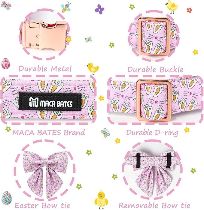 Maca Bates Rabbit Foot Dog Collar with Sailor Bow Tie for Extra Large Girl Boy Dogs, Pink Bunny Pattern,Adjustable Durable Soft Breakaway Collars Easter Day Gift for Male Female Puppy