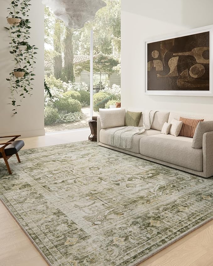 8x10 Area Rugs Washable Rug: Large Living Room Rug Stain Resistant Distressed Vintage Boho Carpet Non Slip Low Pile Faux Wool Soft Rugs for Bedroom Bedside Indoor Kids Playroom Farmhouse Dining Room