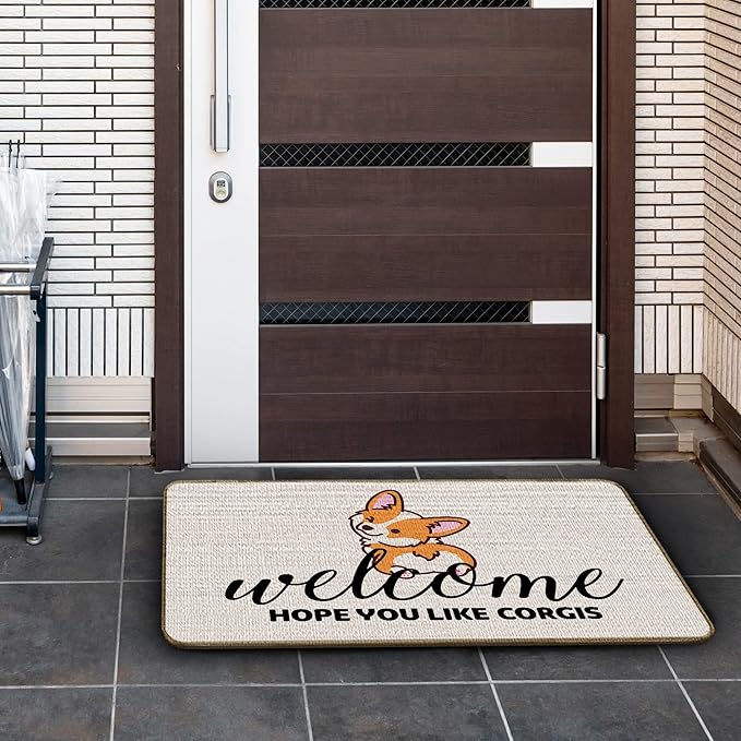 Hope You Like Corgis Welcome Door Mat Doormat 17”x30”,It's Not Dog Hair It's Corgi Glitter Reversible Throw Pillow Cover 18”x18”,Set of 1 Pillow Cover 1 Doormat Decor for Home Girls Kids Room