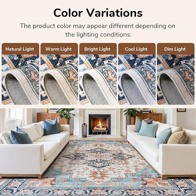 Lessymo 5x7 Area Rugs for Living Room, Washable Rug for Bedroom Kitchen Dining Room, Soft Vintage Carpet Non Slip, Large Boho Rug Low Pile for Entryway Dorm Nursery Kids Room Bedside, Orange/Blue