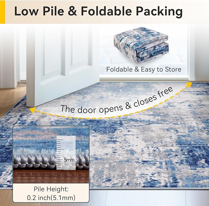 Washable Area Rugs Square 6ft Non-Slip Modern Abstract Soft for Living Room Entryway Bedroom Nursery, Print Pattern, Blue Grey Navy Gray