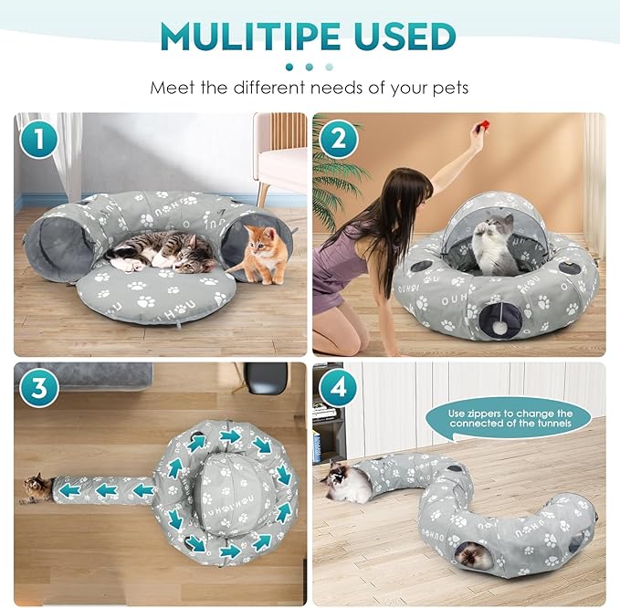 Cat Tunnel Bed for Indoor Cats, Donut Tunnel with Mat, Straight Tunnel, 4 Hanging Balls and Blackout Tent, Collapsible Peekaboo Cat Cave