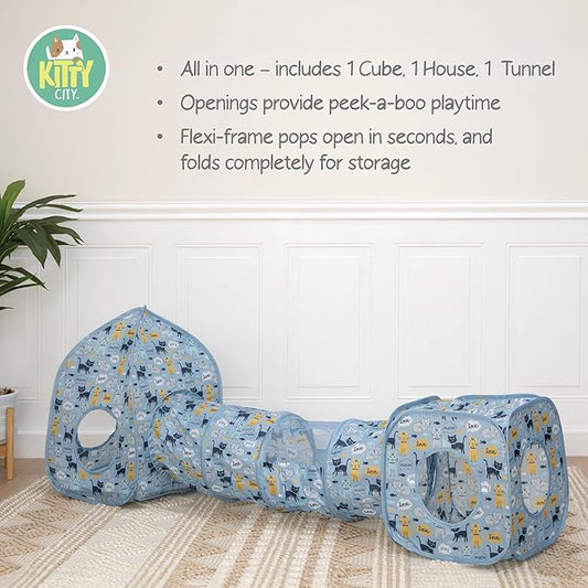 Kitty City Blue Cat-Themed Cat Play Furniture Set, Collapsible Pop-Up Cat Toys Combo with Cube, Tunnel & House, Indoor Cat Playground for Play, Hiding & Lounging