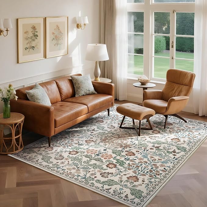 Floral Area Rug for Living Room: 5x7 Washable Soft Low Pile Thin Indoor Carpet, Non Slip Stain Resistant Vintage Flower Boho Accent Rugs for Bedroom, Dining, Home Office, Nursery - Beige