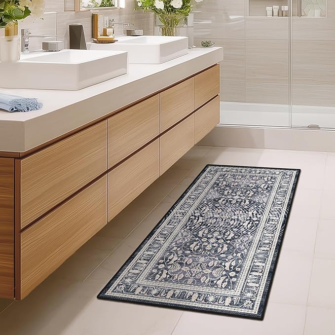 Dark Blue 2x5 Rug Runners for Hallways, Non Slip Machine Washable Kitchen Runner, Low Pile Lightweight Carpet Runner for Entryway/Bathroom/Corridor/Laundry Room, Transitional Floral Trellis