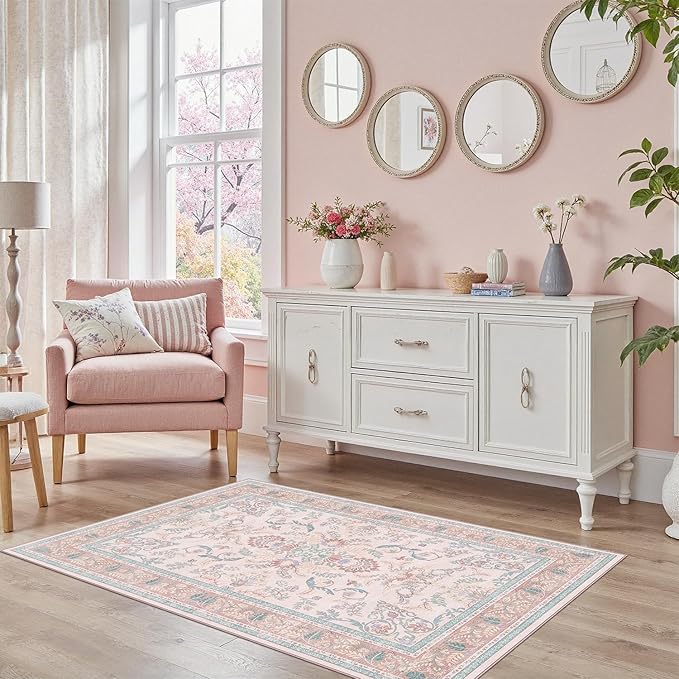 DCX Pink Floral 5x7 Area Rug, Machine Washable, Soft Vintage Floral Rug Non Slip Stain Resistant for Living Room, Bedroom, Dining Room, Nursery Carpets