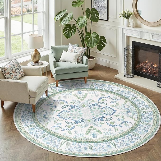 DCX Area Rug 5x5 Botanical Floral Washable Rugs in Green and Blue Soft Non Slip Low Pile Stain Resistant Round Carpet for High-Traffic Areas Bedroom Kitchen