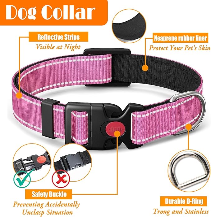 No Pull Dog Harness, Collar & Leash Set | Includes Dog Seat Belt, Collapsible Bowls & Poop Bag Dispenser. Ideal for Training, Walking, Hiking. Fits Small to Large Dogs(Pink-L)