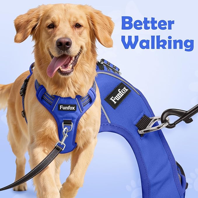 Funfox Dog Harness No Pull, Adjustable Pet Vest Harness, Super Soft Material with Vertical Handle Easy Control, Reflective Night Walking, 2 Leash Clips for Large Dogs, Blue, L