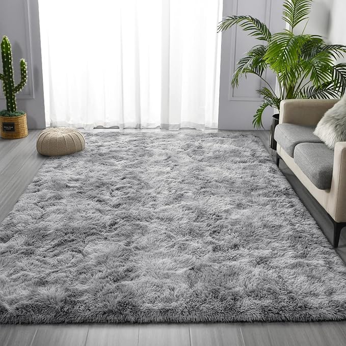 Large Shag Area Rugs 6 x 9, Tie-Dyed Plush Fuzzy Rug for Living Room, Ultra Soft Fluffy Furry Rugs for Bedroom, Indoor Carpet Nursery Rugs for Kids Room Home Decor, Light Grey