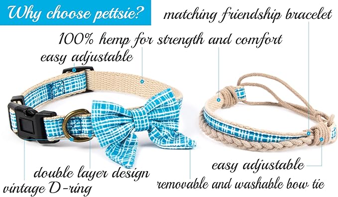 Pettsie Dog Bow Tie Collar with Matching Friendship Bracelet – Adjustable, Durable Hemp & Soft Cotton, Stylish & Comfortable for Sensitive Skin, Elegant Gift Box, Medium, Blue