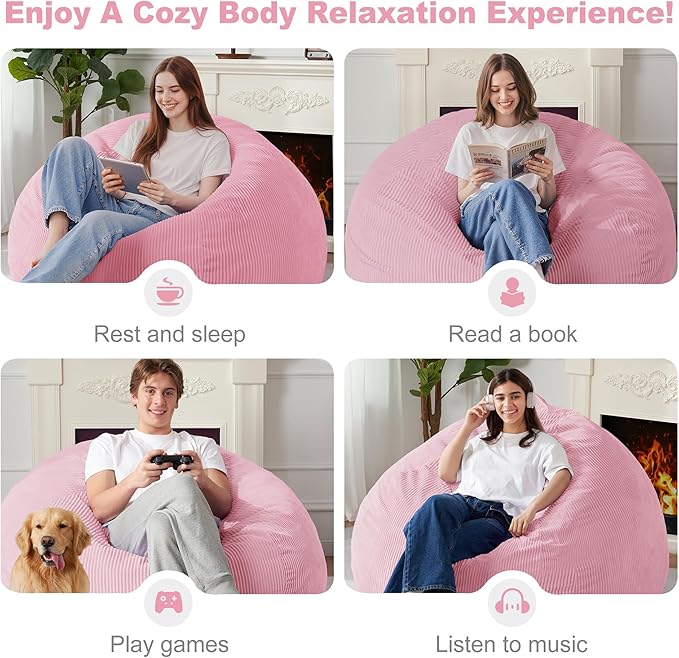 Homguava 5FT Bean Bag Chair for Adults,Teardrop Giant Bean Bags Big Beanbag Chair with Memory Foam Filled and Ultra Soft Removable Corduroy Cover for Living Room, Bedroom (Light Pink)