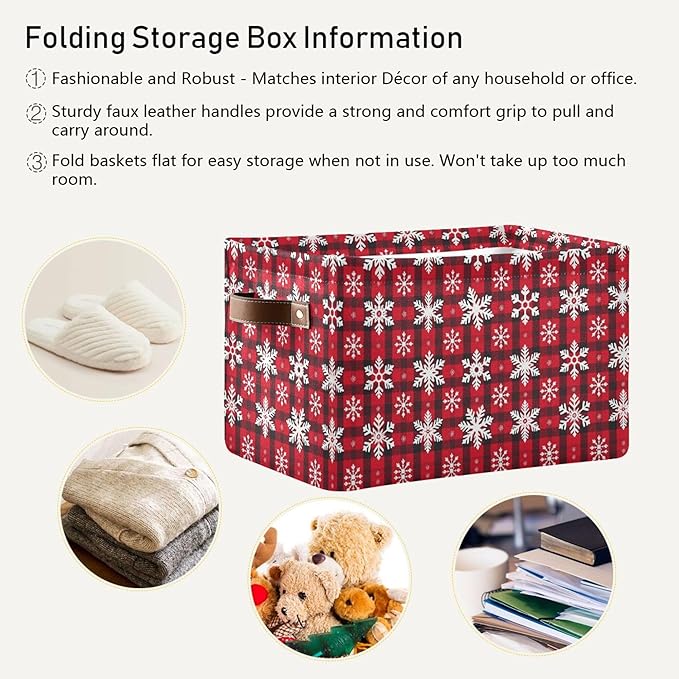Christmas Red Buffalo Plaid Storage Basket with Waterproof Liner and PU Handles Winter Snowflake Checker Storage Bins Boxes 14.2" Collapsible Decorative Baskets for Bedroom Closet Office 1 Pack
