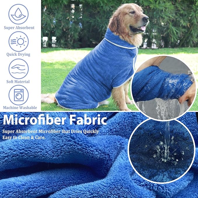 Dog Bathrobe Towel Dog Drying Coat - Super Absorbent Towels Bath Robe for Dogs Large, Soft Adjustable Collar & Belly Strap Fast Drying Coat Pet Cat Bath Robe (Medium Blue‌, Large)
