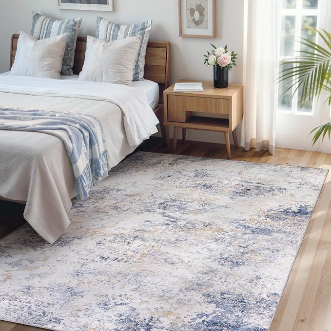 Area Rug Living Room Washable Rugs: 5x7 Modern Neutral Abstract Low Pile Non Slip Floor Carpet - Large Soft Thin Stain Resistant Rug for Bedroom Dining Indoor Office Home, Blue Glod