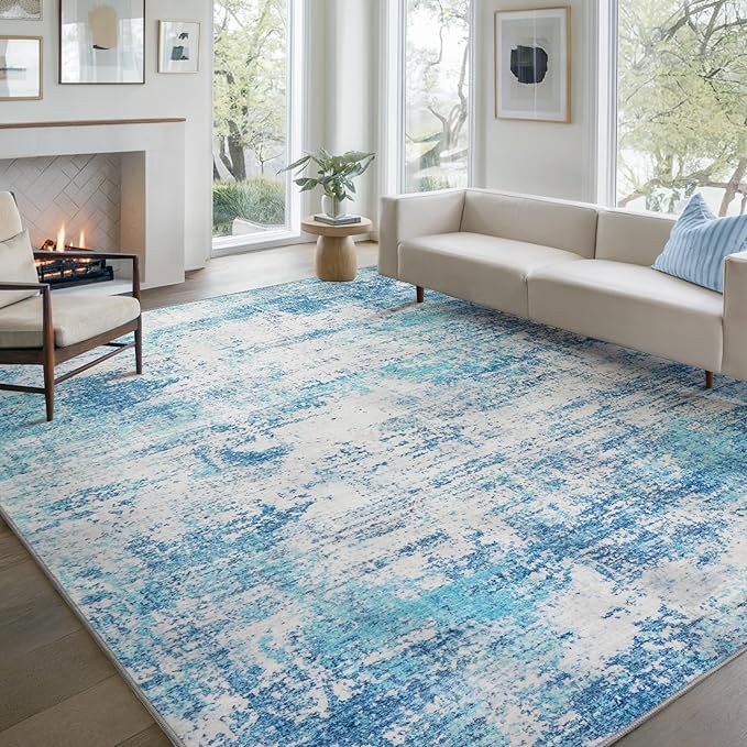 Area Rug Living Room Washable Rugs: 8x10 Modern Neutral Abstract Low Pile Non Slip Floor Carpet - Large Soft Thin Stain Resistant Rug for Bedroom Dining Indoor Office Home, Blue