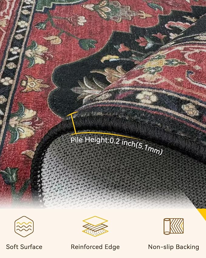 Area Rugs 8'x10' Washable Non-Slip, Floral Vintage Distress Print Pattern Medallion Carpet for Living Room Bedroom Dining Room, Red Black