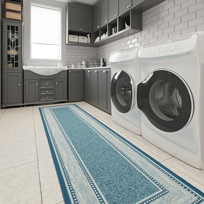 Ottomanson Hallway Runner Rug 2'7" x 9'10" Non Slip Border Area Rugs Easy to Clean Laundry Rug Runner Durable & Pet Friendly Floor Carpet Runners for Hallways Entryway Living Room Kitchen, Turquoise