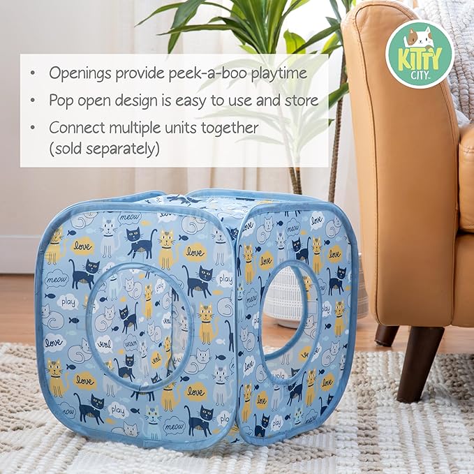 Kitty City Cat Print Pop-Up Cat Play Cube, Collapsible Indoor Cat Hideout with Peekaboo Openings, Lightweight Foldable Cat Cube for Play & Lounging, Blue