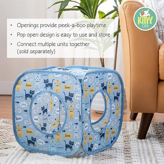 Kitty City Cat Print Pop-Up Cat Play Cube, Collapsible Indoor Cat Hideout with Peekaboo Openings, Lightweight Foldable Cat Cube for Play & Lounging, Blue