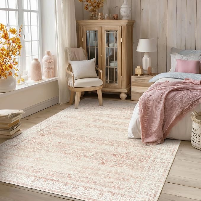 Vintage Pink Rug 4x6 Washable Non Slip Floral Aesthetic Indoor Rugs for Entryway Kitchen Low Pile Carpet for Laundry Room Bathroom Front Door Mat for Entrance 4 x 6